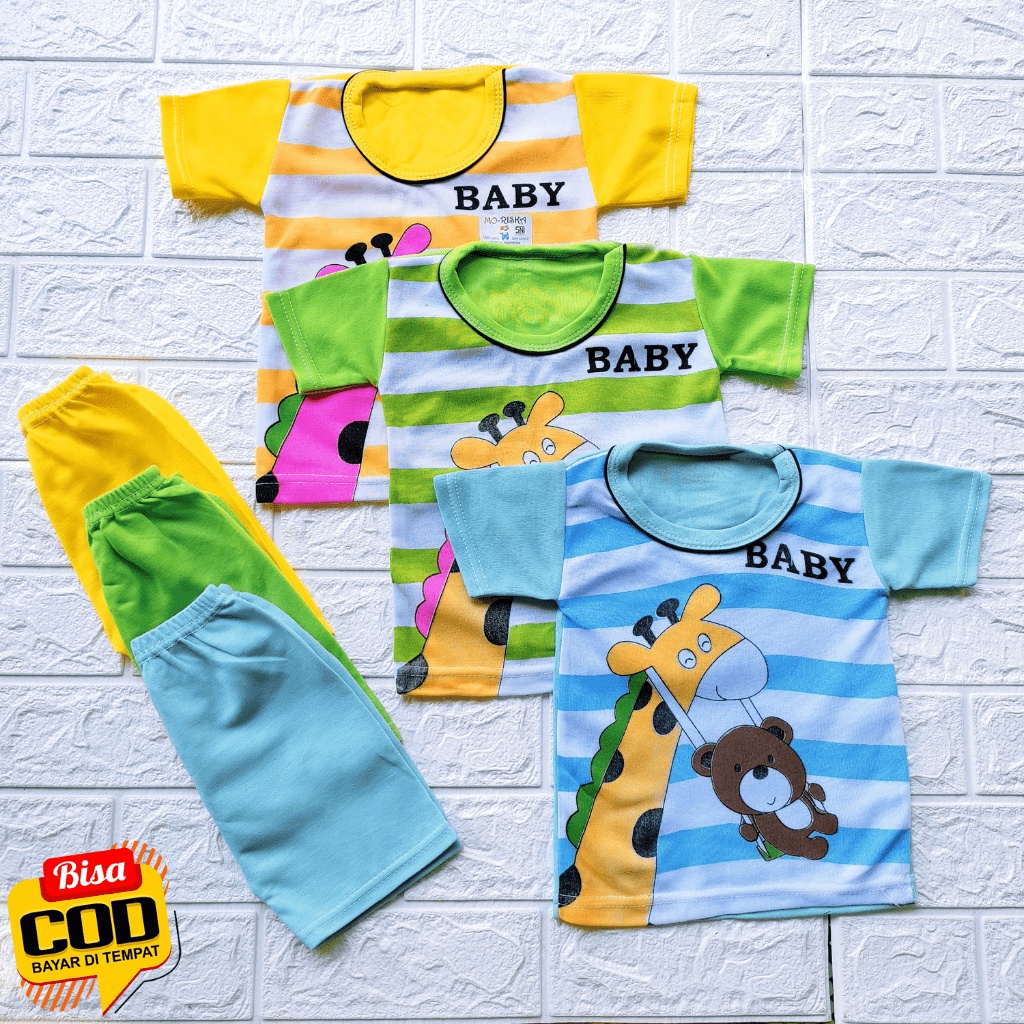 PROMO....!!! 3 Pasang Baju Bayi Lengan Pendek dan Celana Pendek Bayi / Oblong Baju Bayi Setelan Motip Jerapah Special Quality