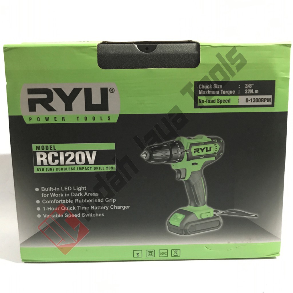 RYU RCI20V Set Cordless Impact Drill 13 mm 20 V Bor Baterai Beton