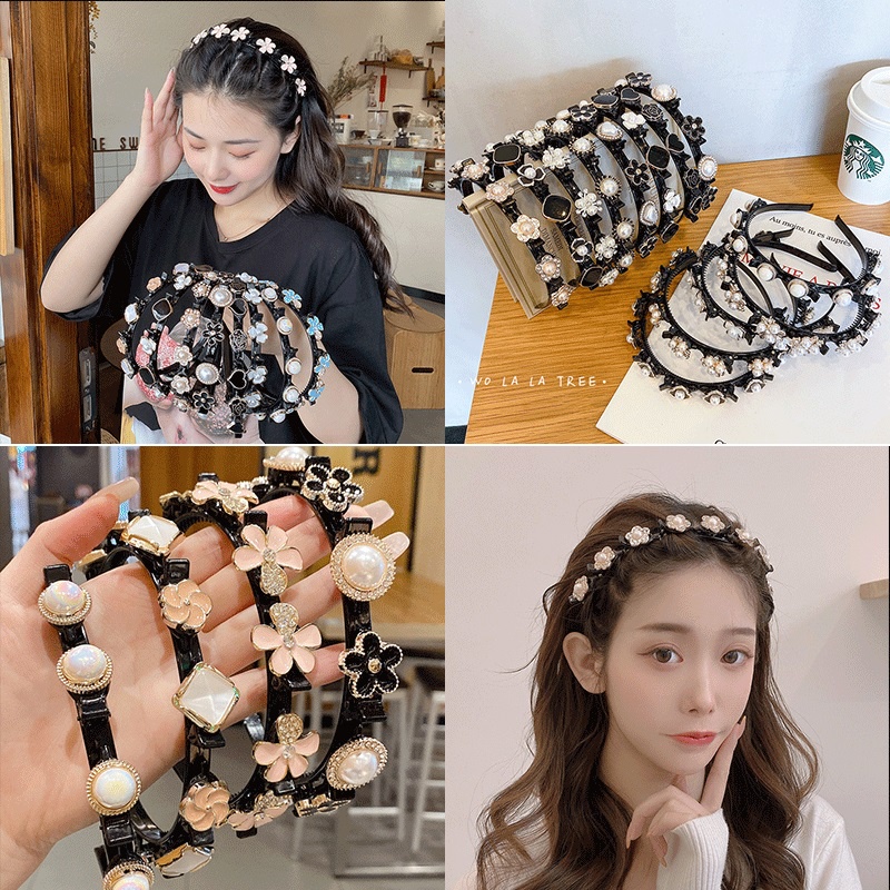 Korean Pearl Headband Bangs Hairstyle Multi-layer Hollow Woven Headband with Tooth Design Alligator Clip Retro Hairband Face Washing Headdress