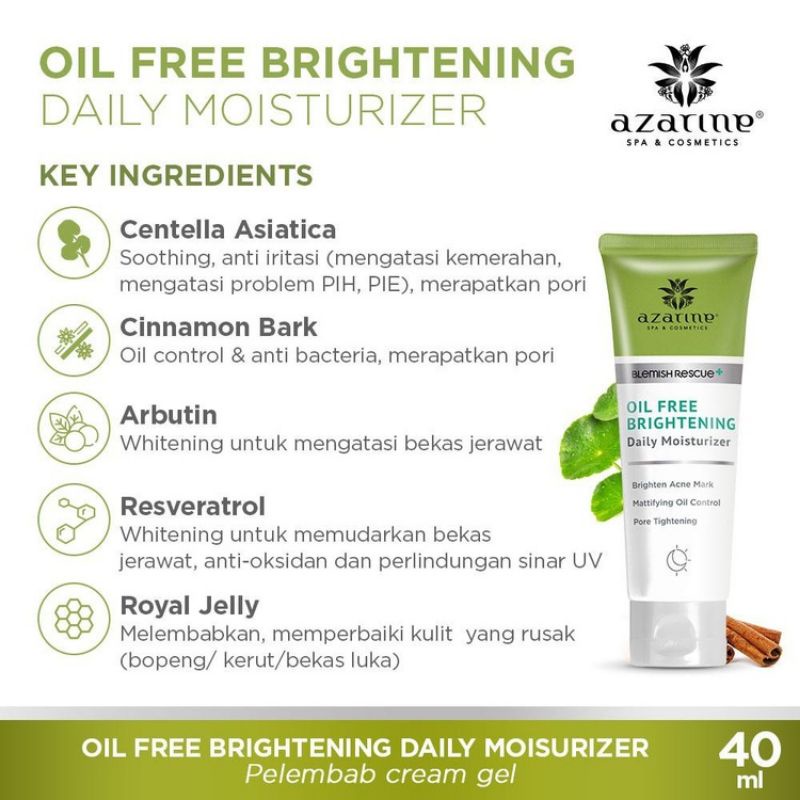 AZARINE Oil Free Brightening Daily Moisturizer 40ML | Pelembab Kulit Berminyak &amp; Berjerawat