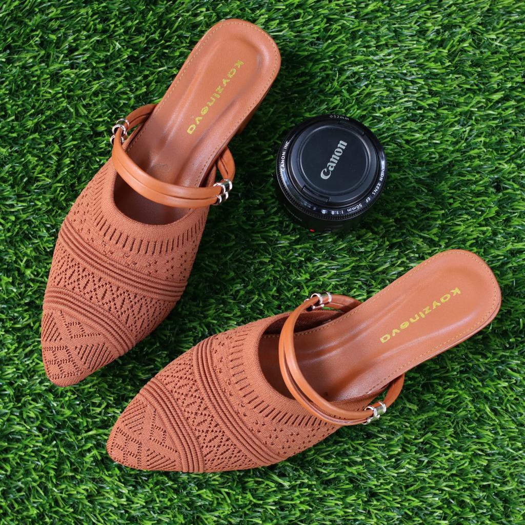 KAYZINEVA Sepatu Slip-On Mules &amp; Mary James Wanita Rajut Import Hak Tahu 3cm