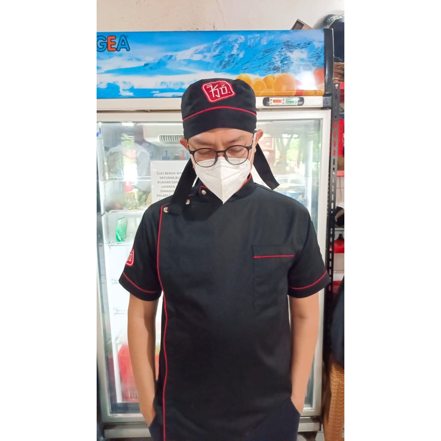 Kemeja barbershop Baju Koki Seragam formal Baju cukur rambut Kemeja Koki abu list hitam japan drill