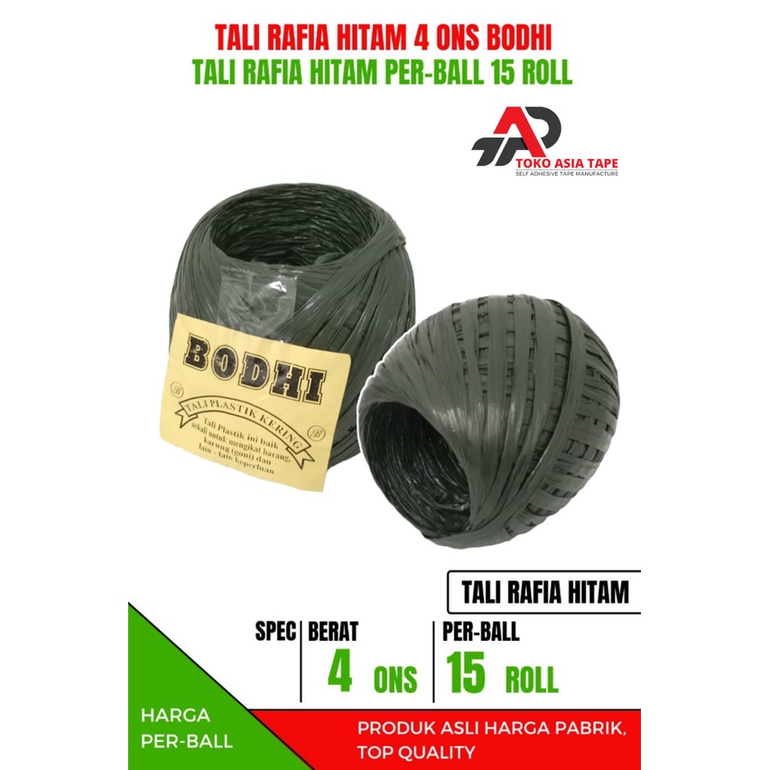 

TALI RAFIA HITAM 4 ONS / TALI PLASTIK RAFIA 4 ONS MERK BODHI PER-BALL
