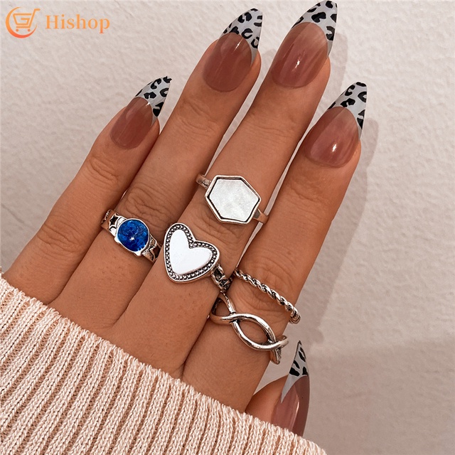 5 Pcs/set Gold Rings Set Simple Heart Shape Korean Elegant Finger Ring for Women Jewlery Fashion Accessories