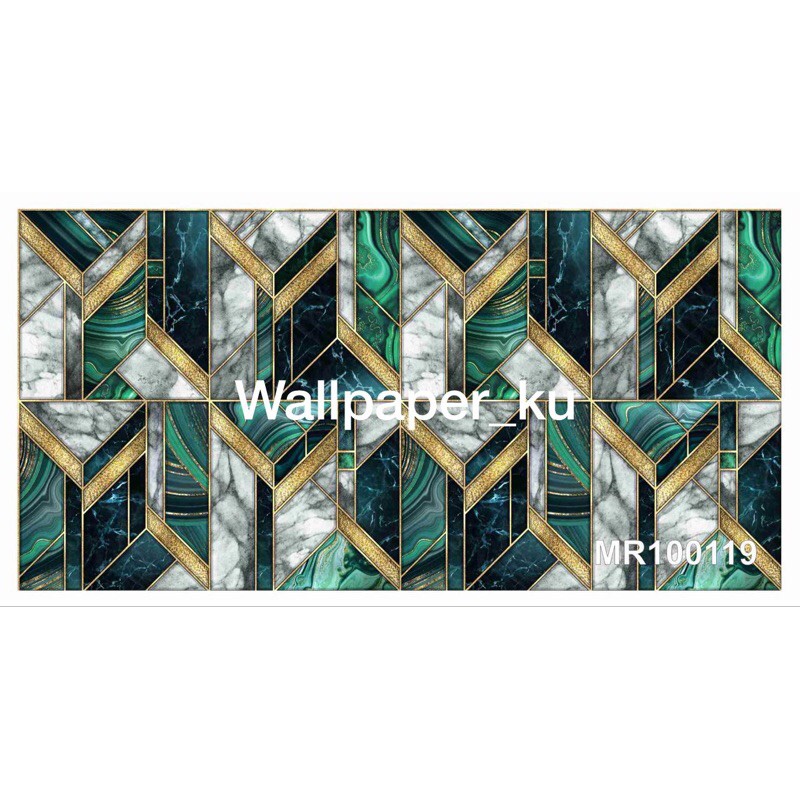 Wallpaper Dinding 3D Mural Photowall Motif Kotak Marmer Hijau Gold 3mtr x 5mtr