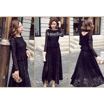 BEST SELLER Dress Import Long Gaun Pesta Lengan Lace Brukat Korea Black Red Merah Wanita Murah