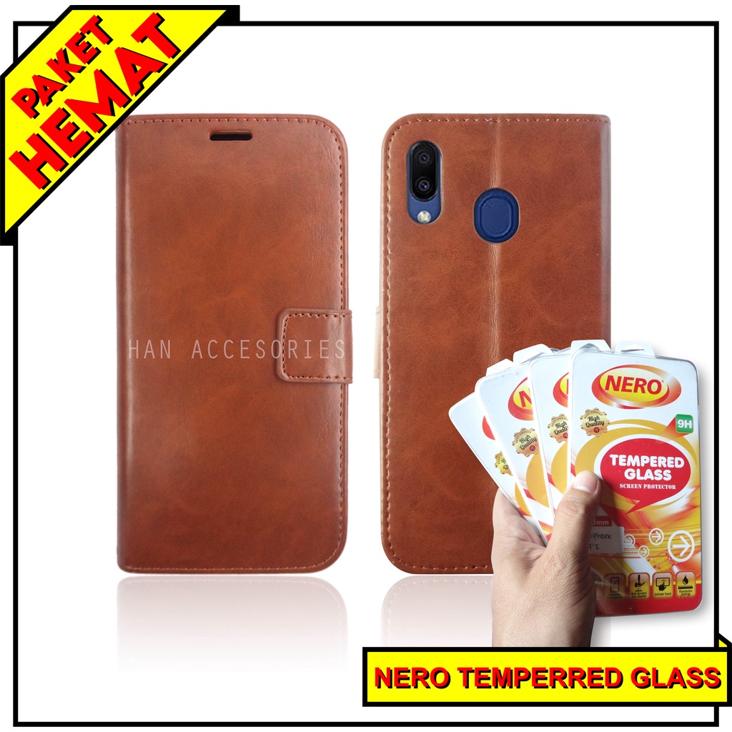 (PAKET HEMAT) Fashion Selular Flip Leather Case Samsung Galaxy A20/A30 Flip Cover Wallet Case Flip Case + Nero Temperred Glass