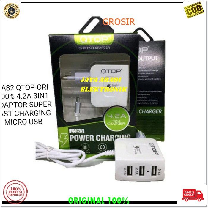 J82 ORIGINAL QTOP 4.2A ADAPTOR FAST CHARGING 3 USB TRAVEL ADAPTOR CHARGER FLASH CAS CASAN MICRO USB  3in1 adaptor hp micro usb cas casan super fast charging travel charger flash charge quick qualcomm adapter adaptive watt w kabel data androit handphone qu