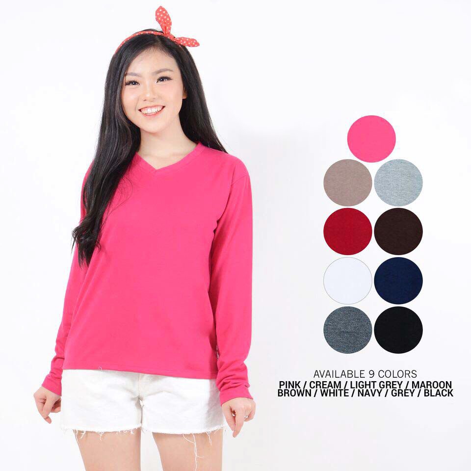 MakeGrosir Kaos Atasan Wanita Polos Lengan Panjang Basic VNECK