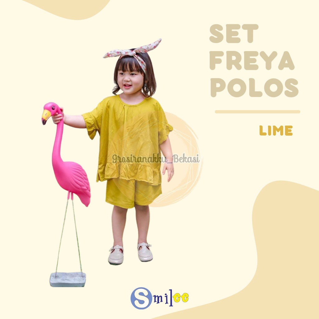 Setelan Anak Rayon Pendek Smilee Polos Freya Warna Kuning Lime Size 1-5Thn