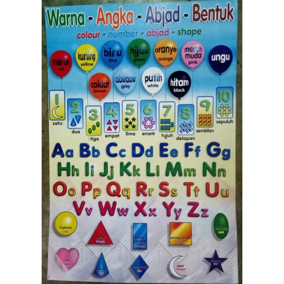 Poster edukasi anak warna angka abjad bentuk