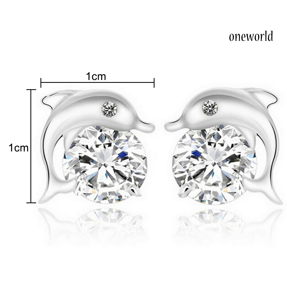 OW@ Cute Dolphin Silver Plated Cubic Zirconia Inlaid Ear Stud Women Earrings Jewelry