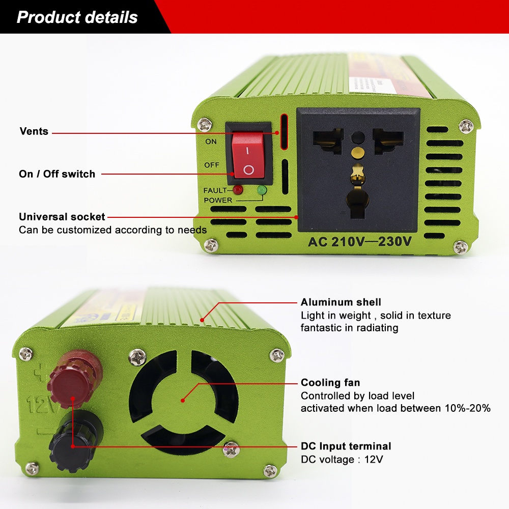Datou SUNCHONGLIC Solar Car Power Inverter DC 12V to AC 230V 1000W - FA-1000A - Green