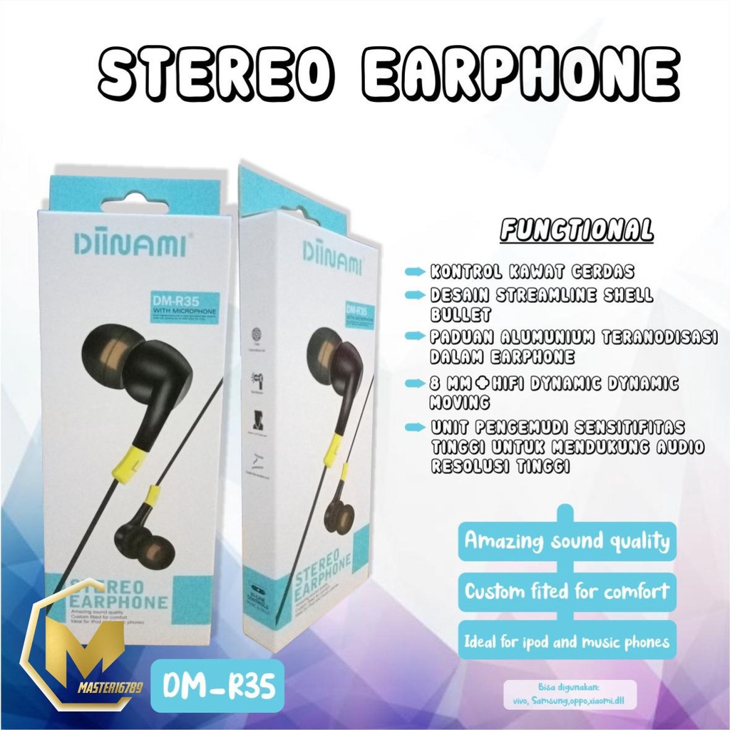 BM032 Headset EARPHONE DIINAMI R35 stereo Earphone Bass Android iPhone Original - Garansi 1 Tahun MA1836