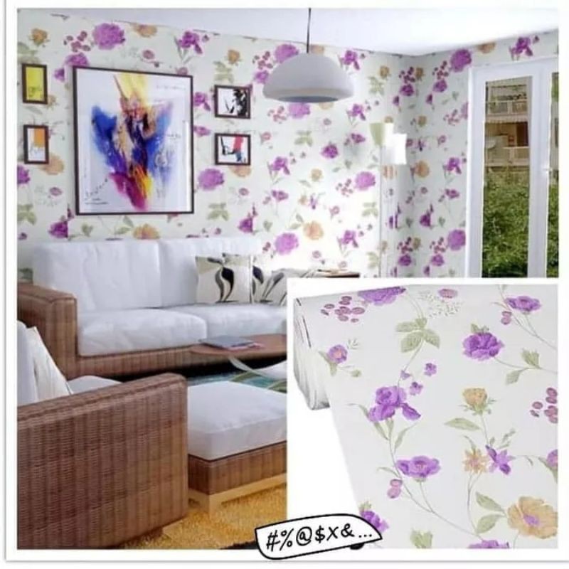 wallpaper sticker dinding putih bunga ungu