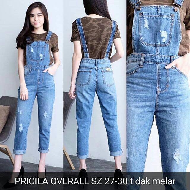 CELANA JEANS OVERALL WANITA PRICILLA OVERALL RIPPED JEANS