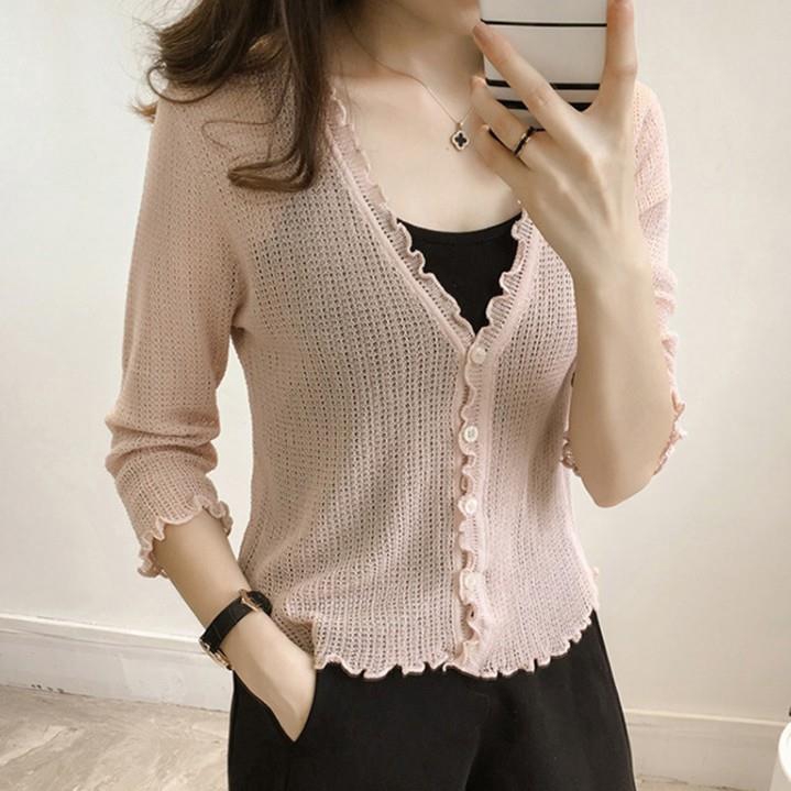  Cardigan  Rajut  Casual Wanita  V Neck Lengan 3 4 Gaya Korea 