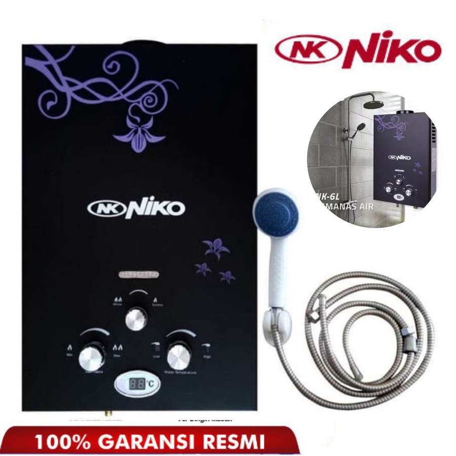 WATER HEATER NIKO 6LDN LED DISPLAY 6 LITER PEMANAS AIR GAS BODY KACA