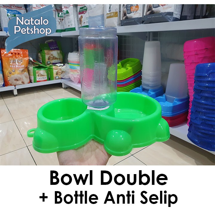 Bowl Double + Botol Anti Selip Beruang Lucu / Tempat Makan Hewan / Kucing / Anjing