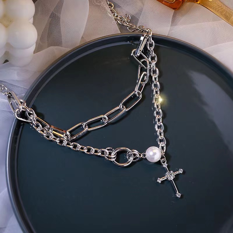 IFYOU Kalung Rantai Choker Hias Mutiara Hati Warna Silver Gaya Vintage Korea Untuk Pria