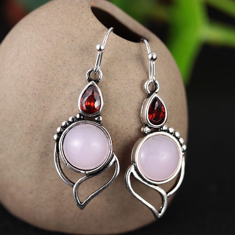 Anting LILY Moonstone Chic Perhiasan Pernikahan Pertunangan Kait Garnet Ruby Chalcedony