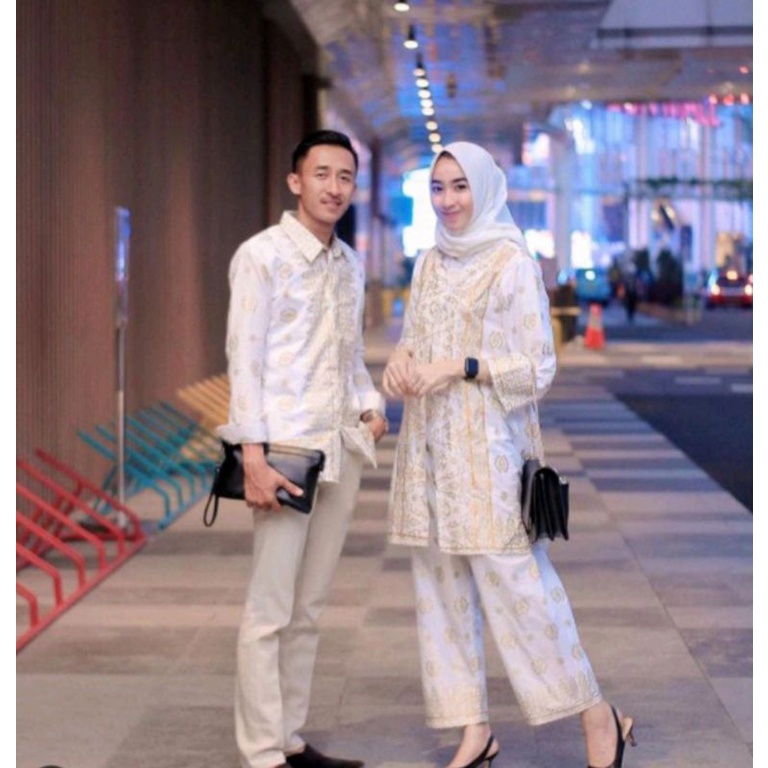 SET COUPLE OUTER CELANA MOTIF SONGKET CANTIK MANIS PALEMBANG / PUTIH GOLD
