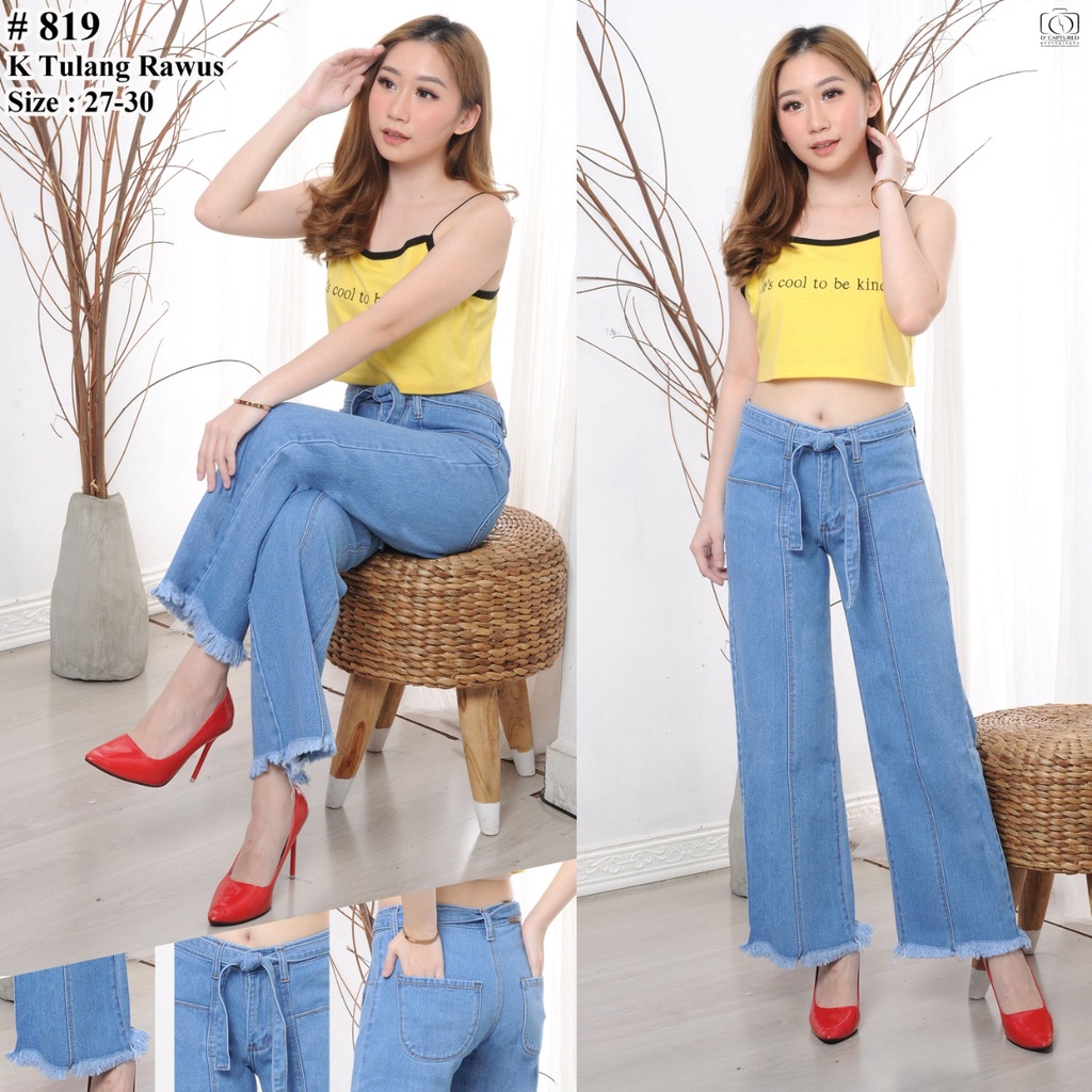 MC girl - Celana Jeans Premium Kulot Panjang Garis Tali Pinggang / Kulot Tulang Jeans Free Gesper