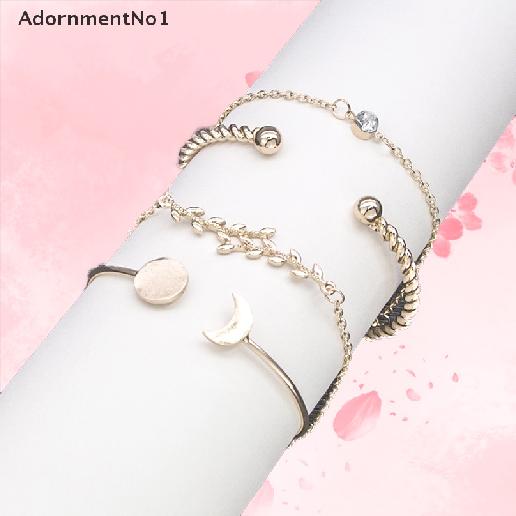 (AdornmentNo1) 4pcs / Set Gelang Tangan Alloy Gaya Bohemian Motif Daun + Bulan + Kristal Untuk Perhiasan Wanita, Handmade