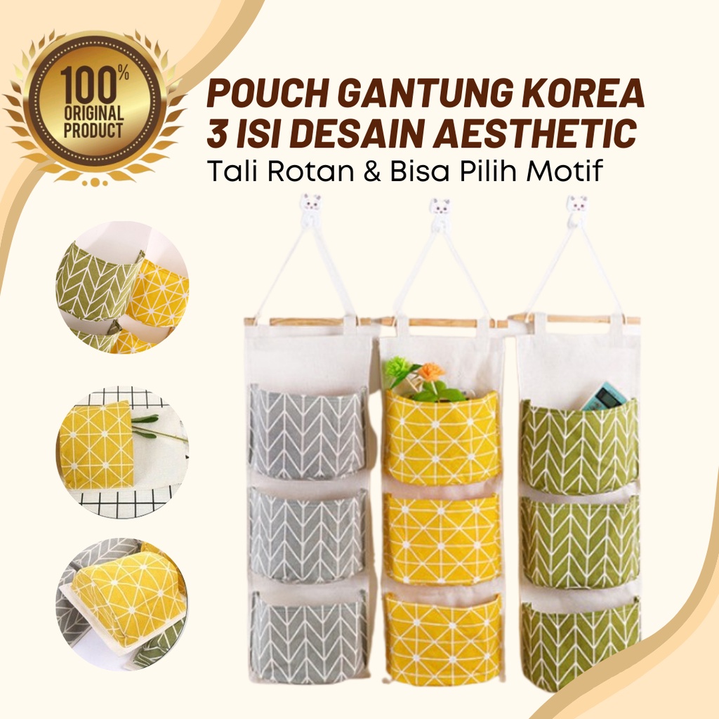 Pouch Wadah Gantung Korea 3 SEKAT Dinding Hanging Storage bag Organizer Bags Travel Tas Storage Bag Organizer Kanvas Canvas(3 saku)