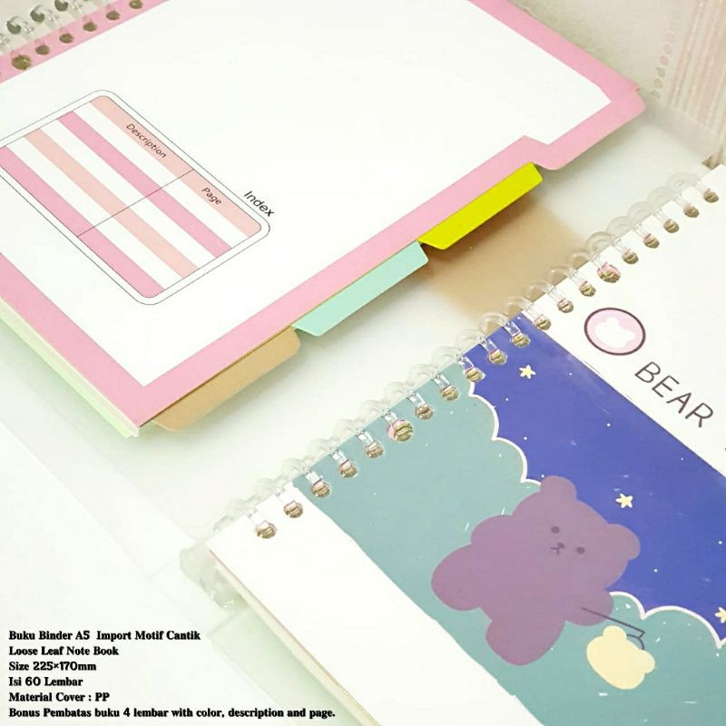 

buku binder A5 loose Leaf note book import motif cantik