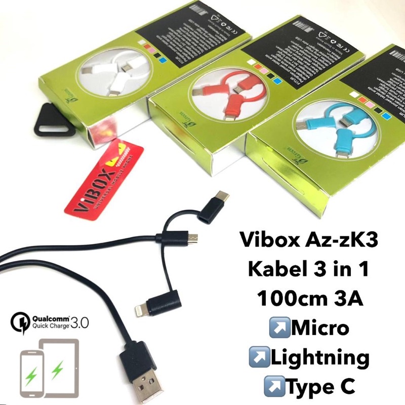 Vibox Az-zK3 Kabel 3 in 1  100cm 3A Micro  Lightning  Type C Kabel Data ViboxPromo Sen