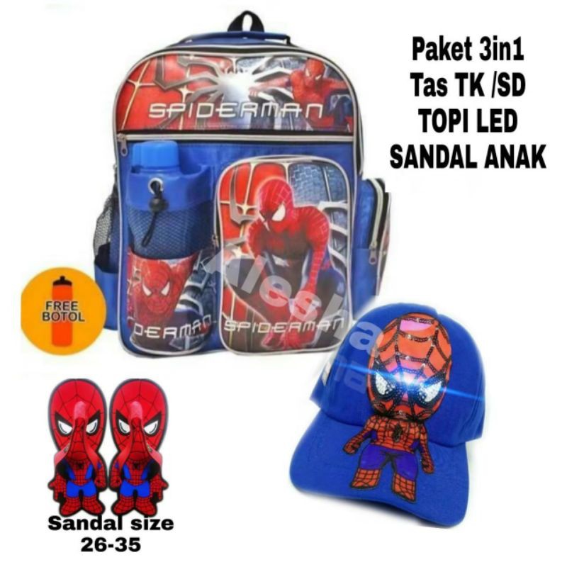 tas spiderman botol+topi led spiderman+sandal