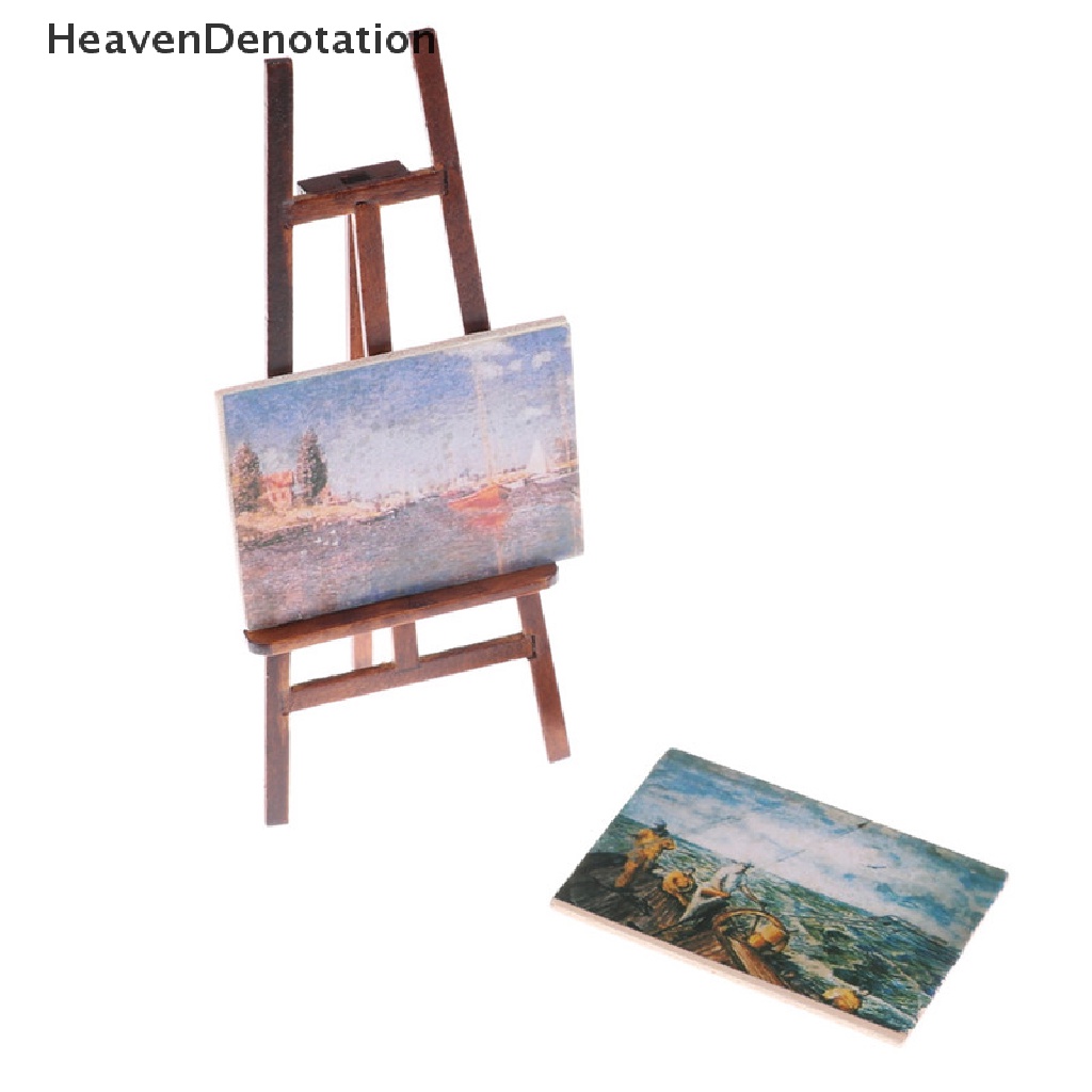 [HeavenDenotation] Dollhouse Miniature Accessory Artist Easel Stand &amp; 2 Wood Paintings Pictures