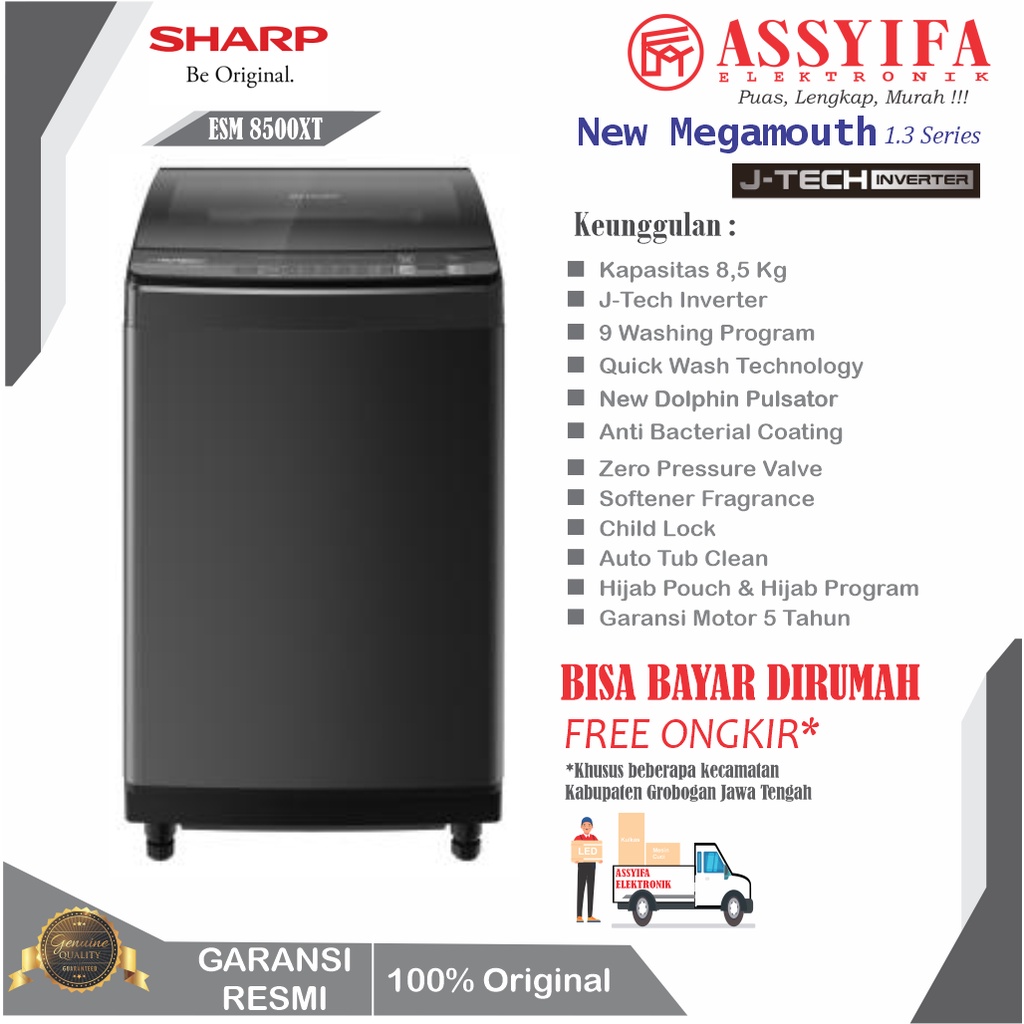 MESIN CUCI SHARP 1 TABUNG INVERTER J TECH SERIES ESM 8500XT GARANSI RESMI