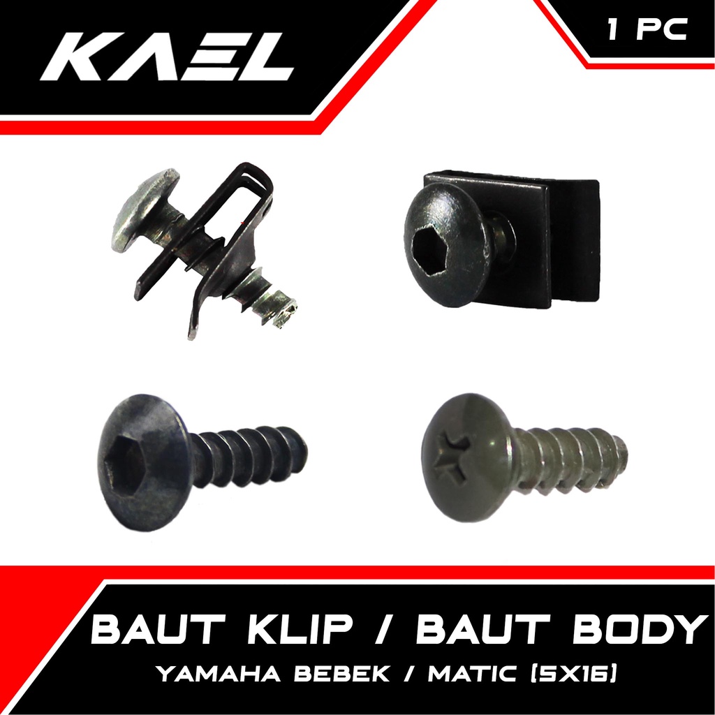 Baut Klip Body Yamaha Matic-Bebek Mio-Sporty-Smile-M3-Z-S-5 TL/Soul GT 115-125/X-Ride/Jupiter MX-Z-New-Old/Vega R-ZR-RR/RX King/Force 1/F1ZR/Fino FI-F1/Crypton/Alfa/Scorpio-Z/Vixion/Byson/NMAX/Aerox/Lexi Baud Bodi Batok L4 + 5x16 M5x16 Sekrup-Skrup