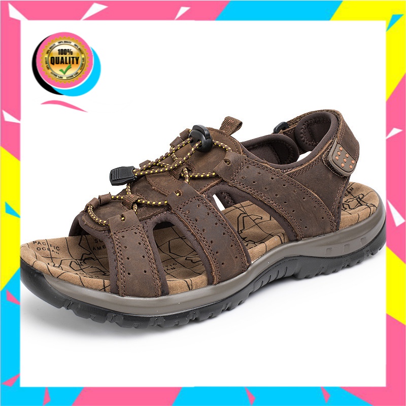 2021   Sandal Plus Ukuran Pria Kulit Asli Terbuka Tumit Pantai Sepatu  Santai    Sandal