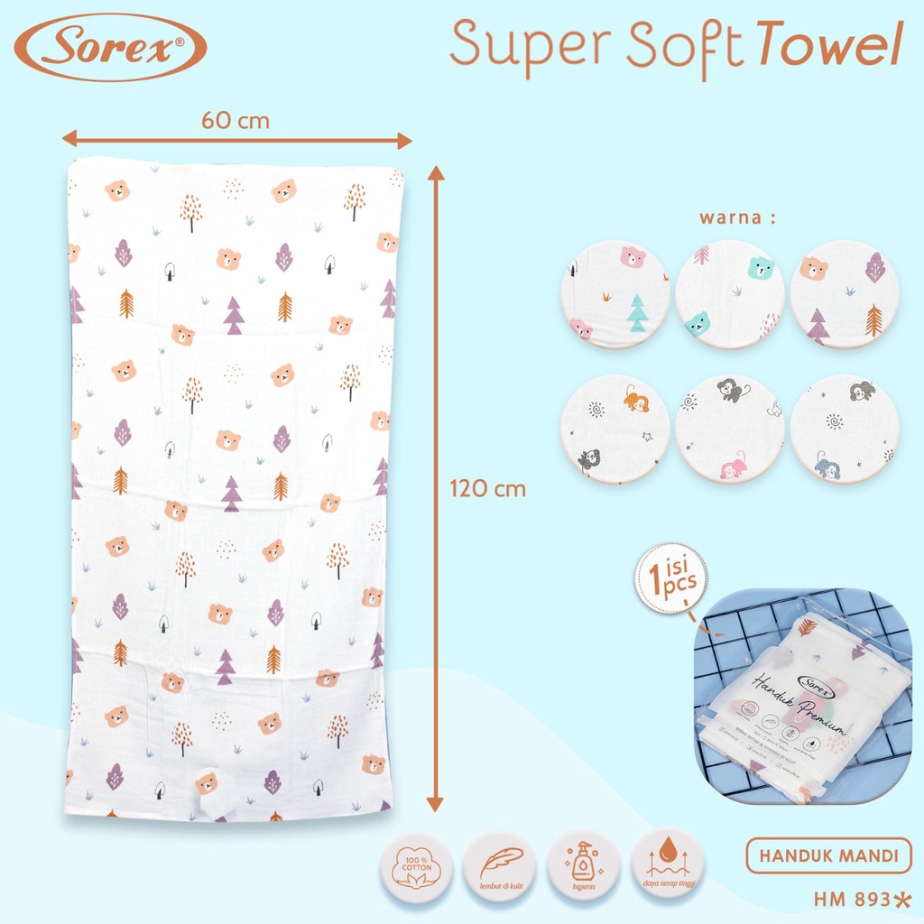 Handuk Mandi Bayi dan Balita 100% Sorex Katun Super Soft Premium Lembut Daya Serap Tinggi HM 893