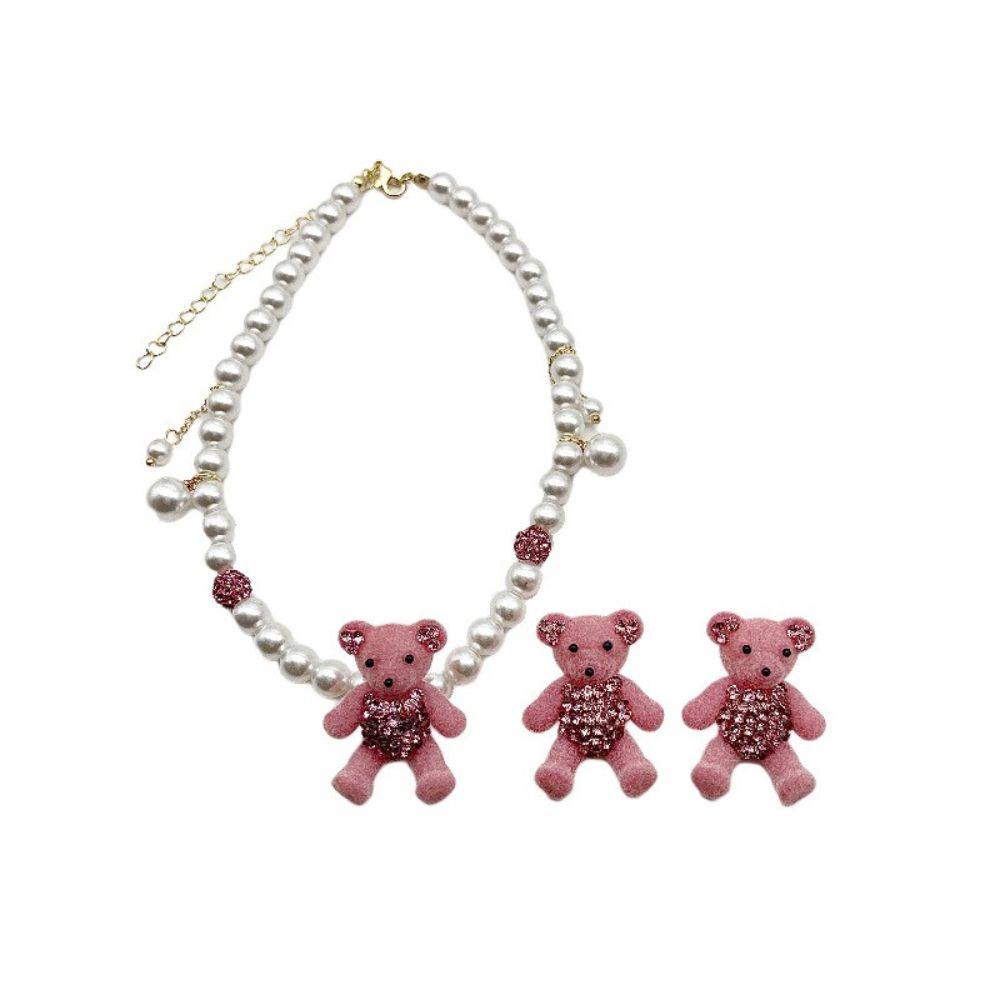 Mxbeauty Flocking Bear Earrings Kalung Niche Desain Berlian Imitasi Rasa Hadiah Anniversary Rantai Klavikula Mutiara Imitasi Anting Hati Merah Muda