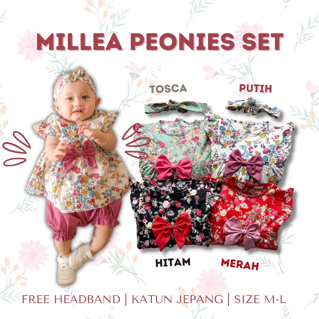 setelan katun anak perempuan harian baby cewek MILLEA ROSE PEONIES SAKURA set 0-2 TAHUN baju bayi anak perempuan setelan anak perempuan