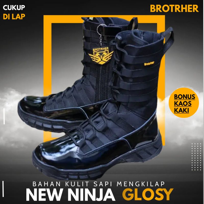 Sepatu Pdl Ninja Tni Polri Kulit Kilap Anti air Sleting Sol Keliling Merk Brotrher New Ninja kilap