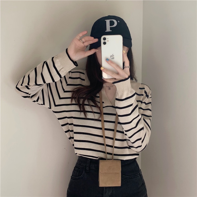 Sweater Polo Wanita Kaos Rajut Korean Retro Style Knit Striped T-shirt