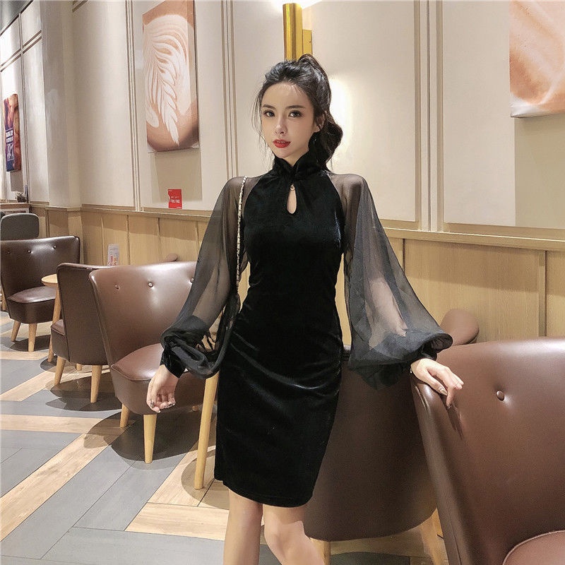 Winter and summer new stand collar velvet stitched chiffon skirt sexy slim wrap hip long sleeve midd