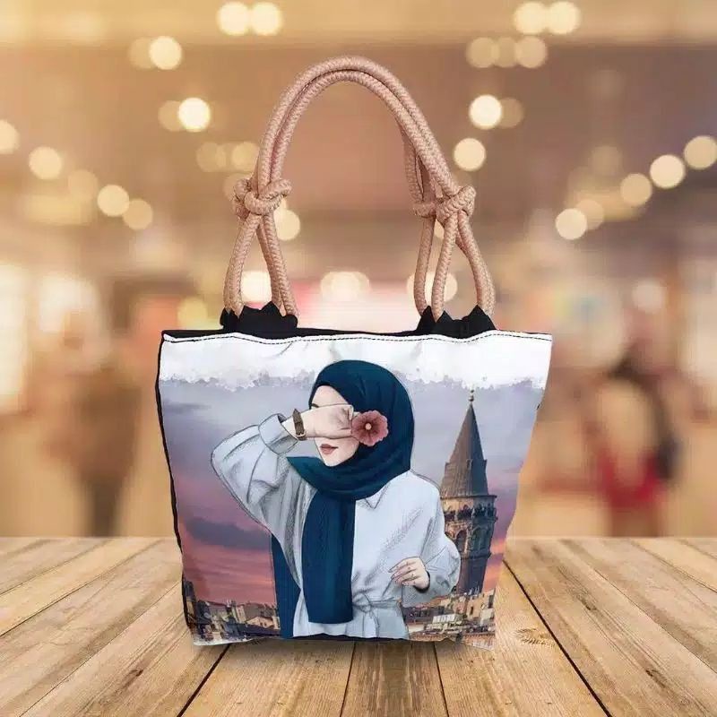 Totebag Kanvas tali sumbu tas wanita motif hijab