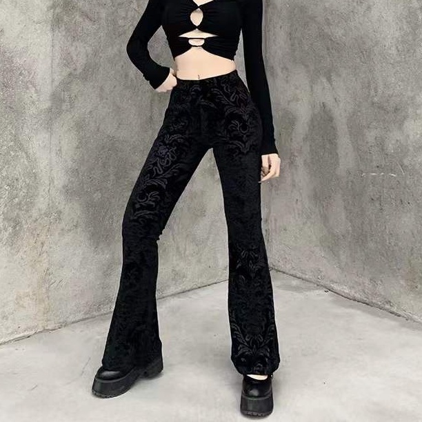 [Goth]Velvet High Waisted Fit &amp; Flare Long Pants 8463 (S/M/L)