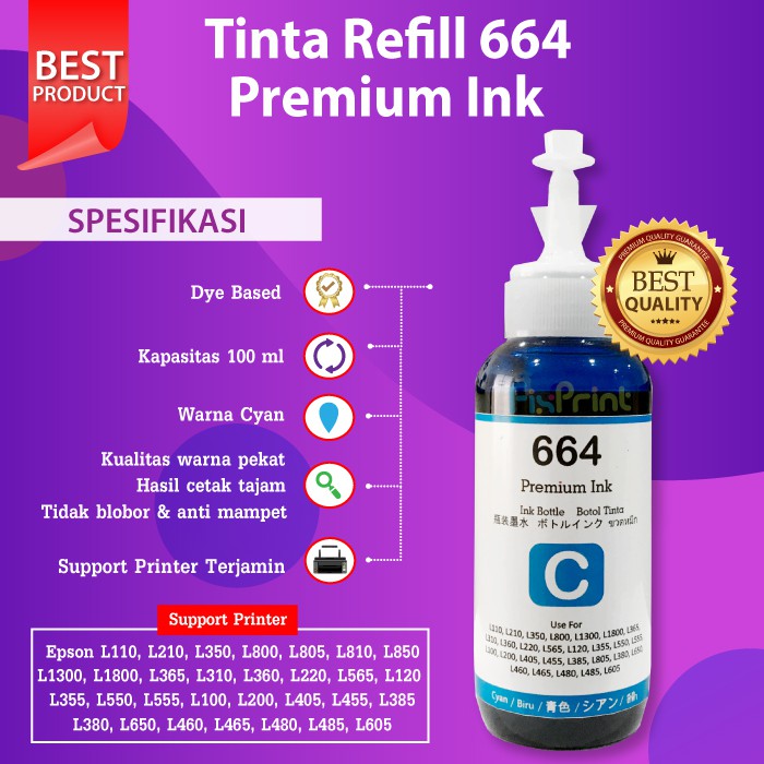 Tinta Premium Epson 664 100ml Pengganti Original L110 L120 L210 L220 L300 L310 L350 L360 L550 L565