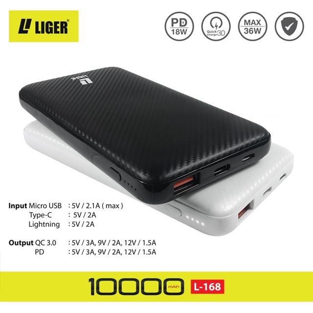 Power Bank L-168 LIGER ORIGINAL QUALCOM QUICK CHARGE 3.0 &amp; POWER DELIVERY PD