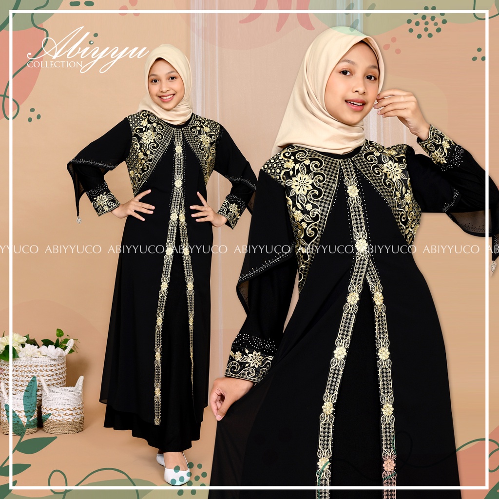 Abiyyuco TA9012A | Gamis Abaya Turkey Anak Perempuan Turki Remaja Tanggung Turkiy Couple Ibu dan Anak, ready warna hitam, maroon, hijau botol, navy, coklat, biru toska, kuning lemon, dan kuning kunyit, memakai bahan jersey dan ceruty