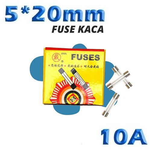 x10 Fuse Kaca 10A ukuran 5x20 mm Kecil 250VAC sekring sekering glass 5*20 isi 10 Buah