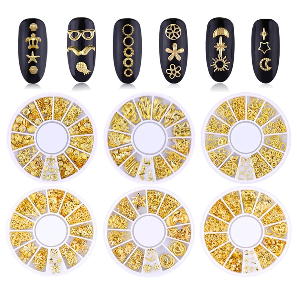 Hiasan kuku palsu manik-manik nail art gold 3D