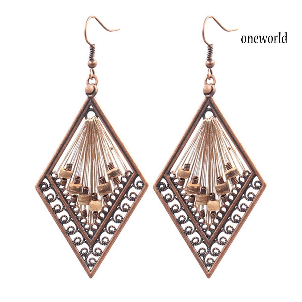 OW@ Bohemian Women Hollow Rhombus Pendant Thread Dangle Drop Hook Earrings Jewelry